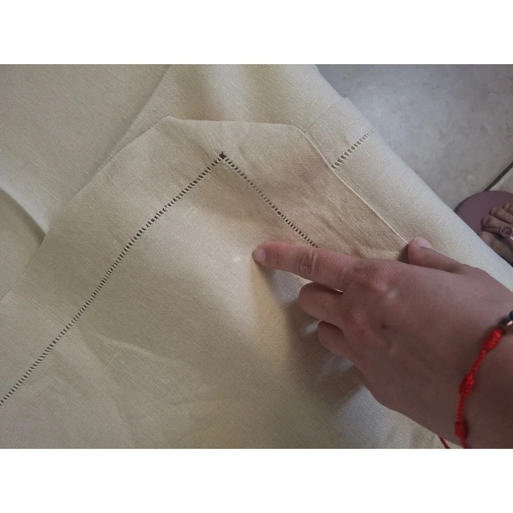 Vintage Hemstitch Linen Tablecloth and Napkins Set Beige Tan 3 Piece Dining